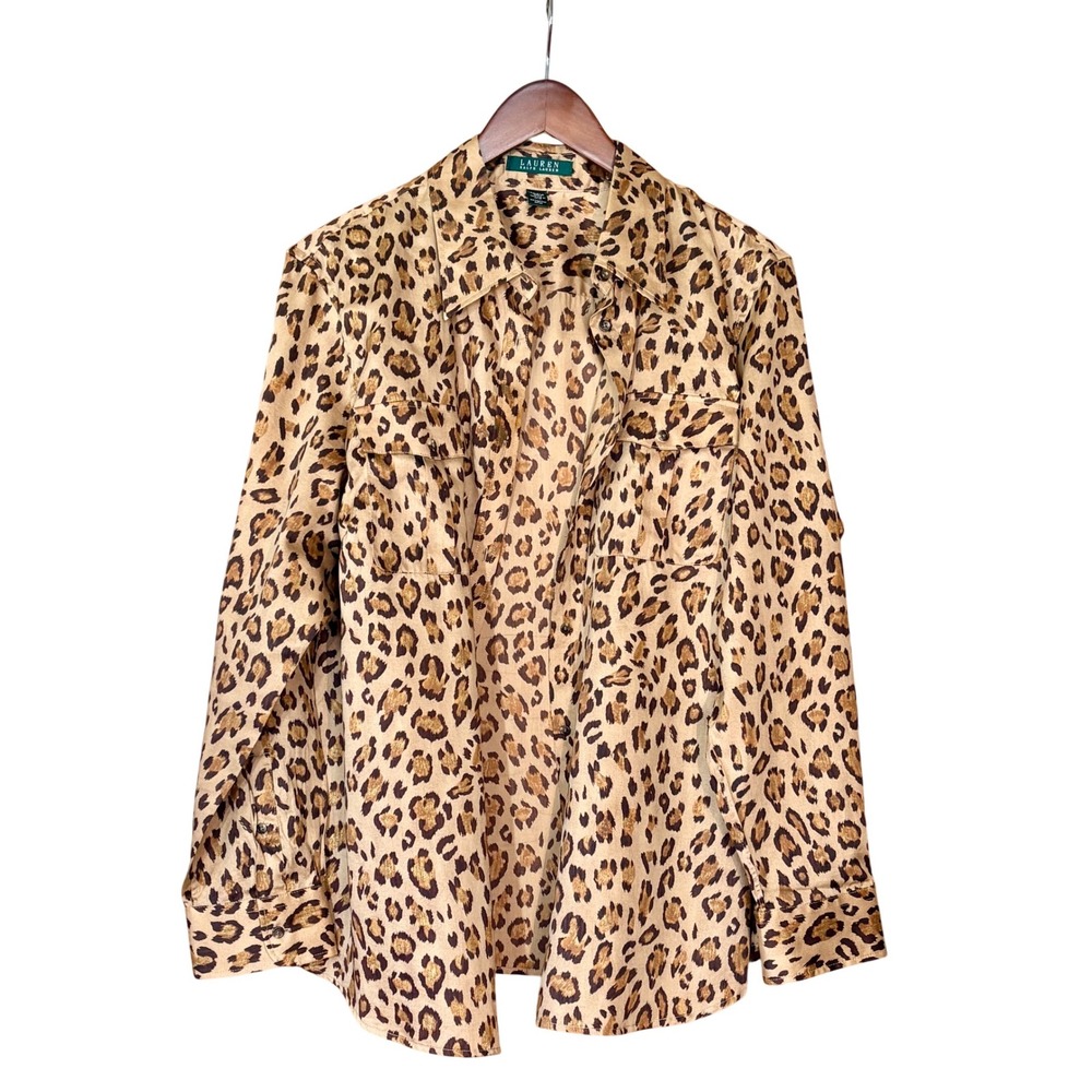 Lauren Ralph Lauren Women 100% Cotton 2X Animal Print Button Up Shirt Old Money